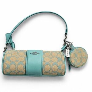 NWT Coach CU302 Signature Jacquard Aqua Shoulder Bag w/ Matching Coin Pouch